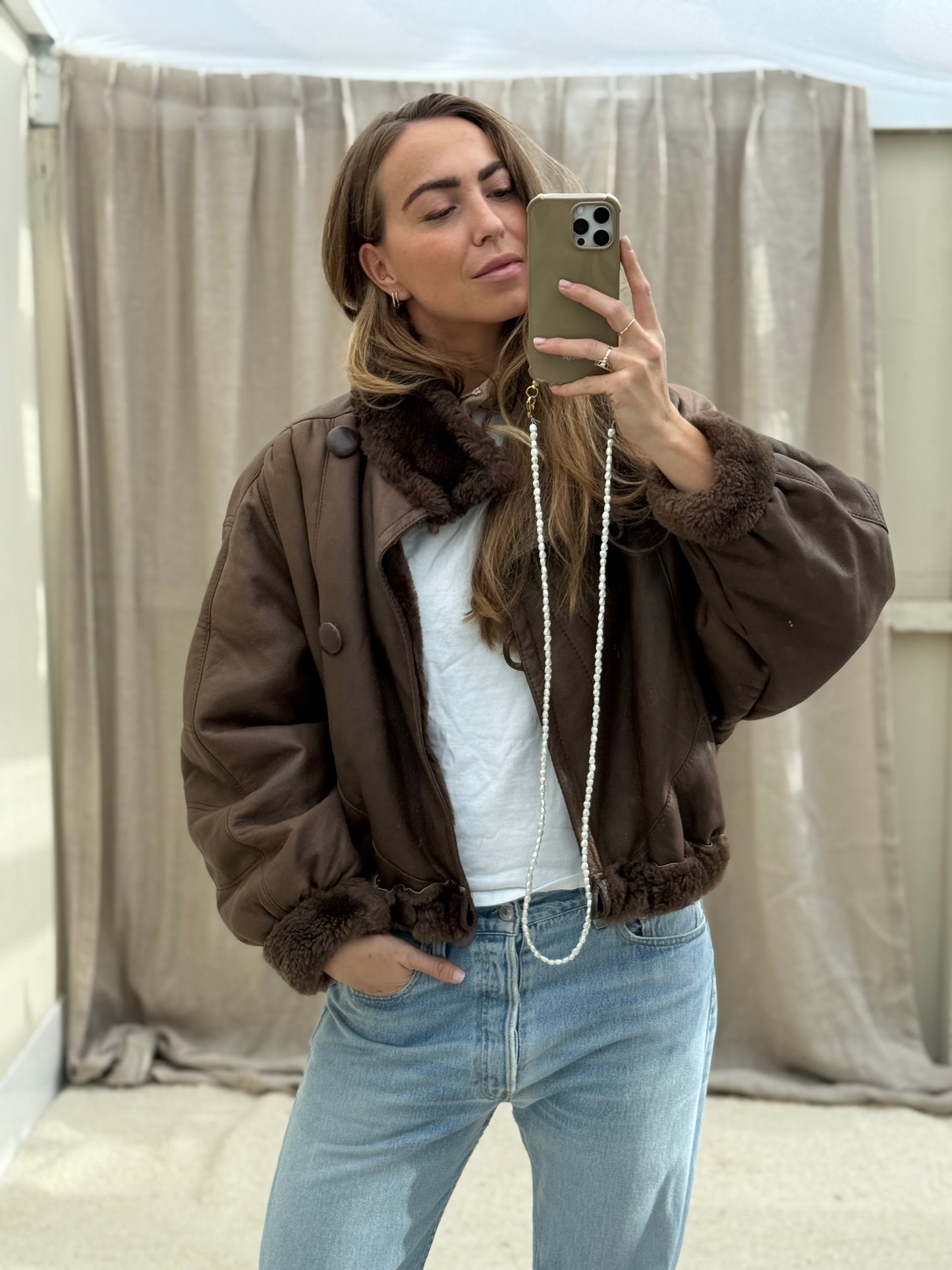 Vintage cropped lammy coat donkerbruin reversible