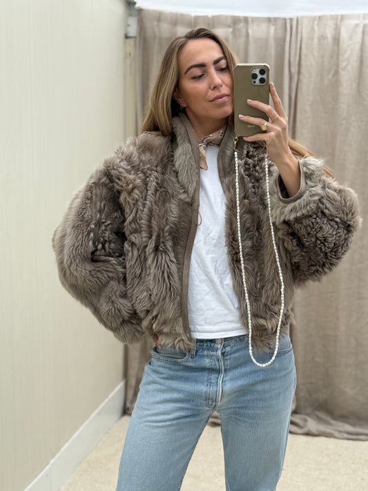 Vintage cropped lammy coat grijs reversible maat S-L