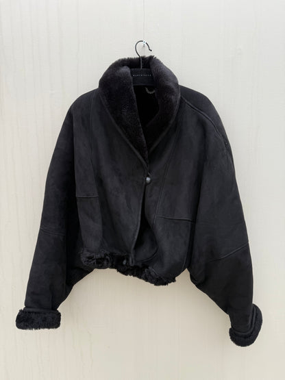 Vintage cropped reversible lammy coat zwart oversized