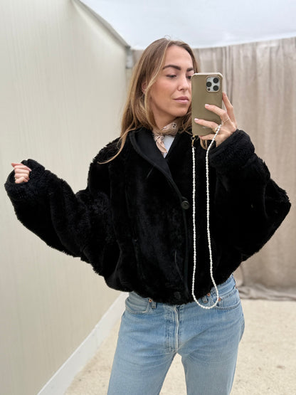 Vintage cropped reversible lammy coat zwart oversized