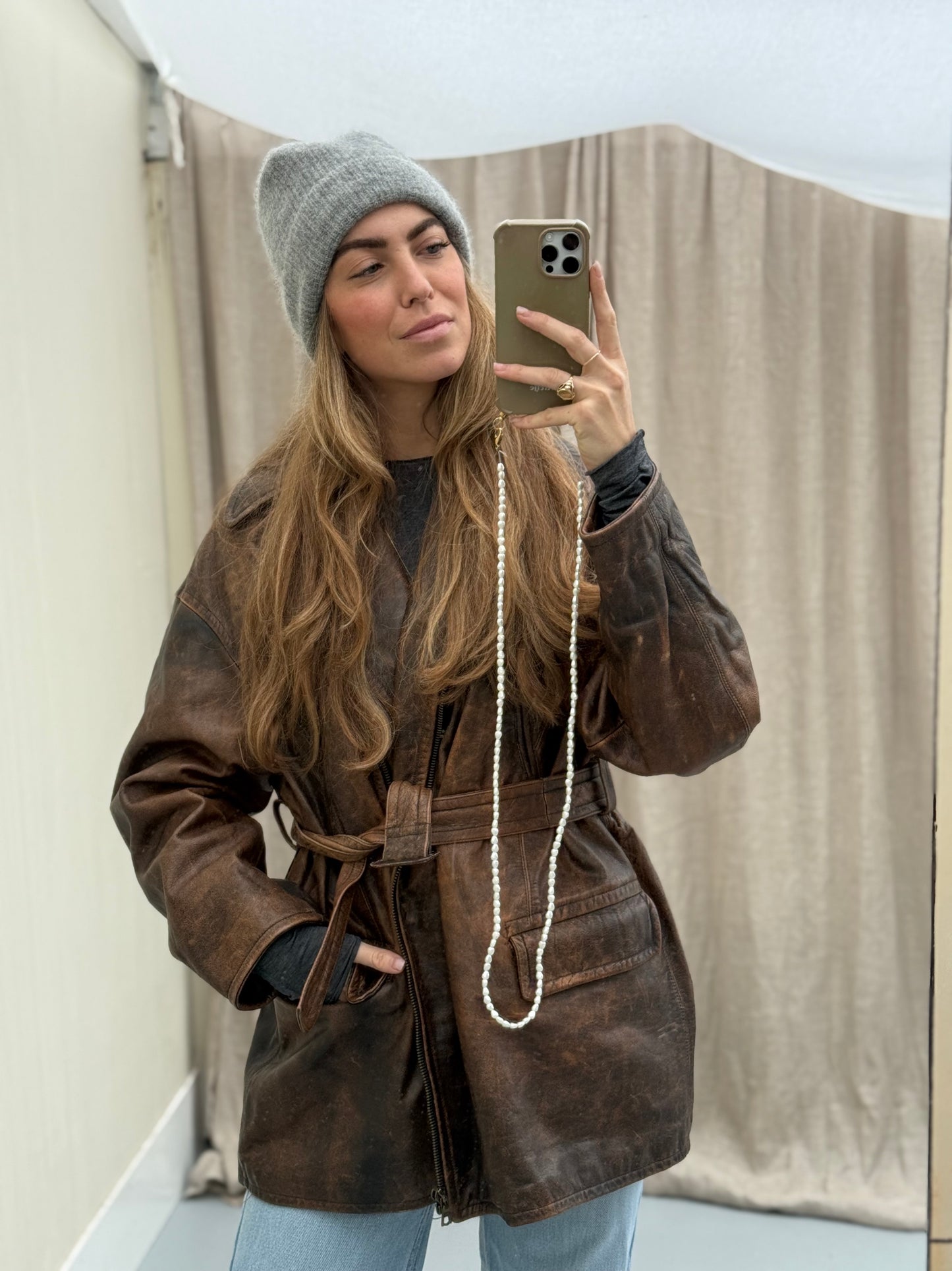 Vintage leren designer jas Jil Sander bruin Musthave Uniek