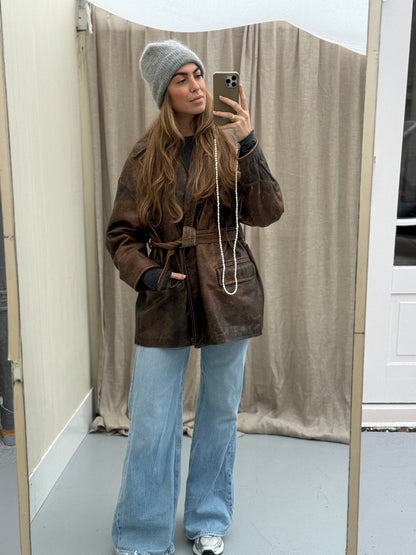 Vintage leren designer jas Jil Sander bruin Musthave Uniek