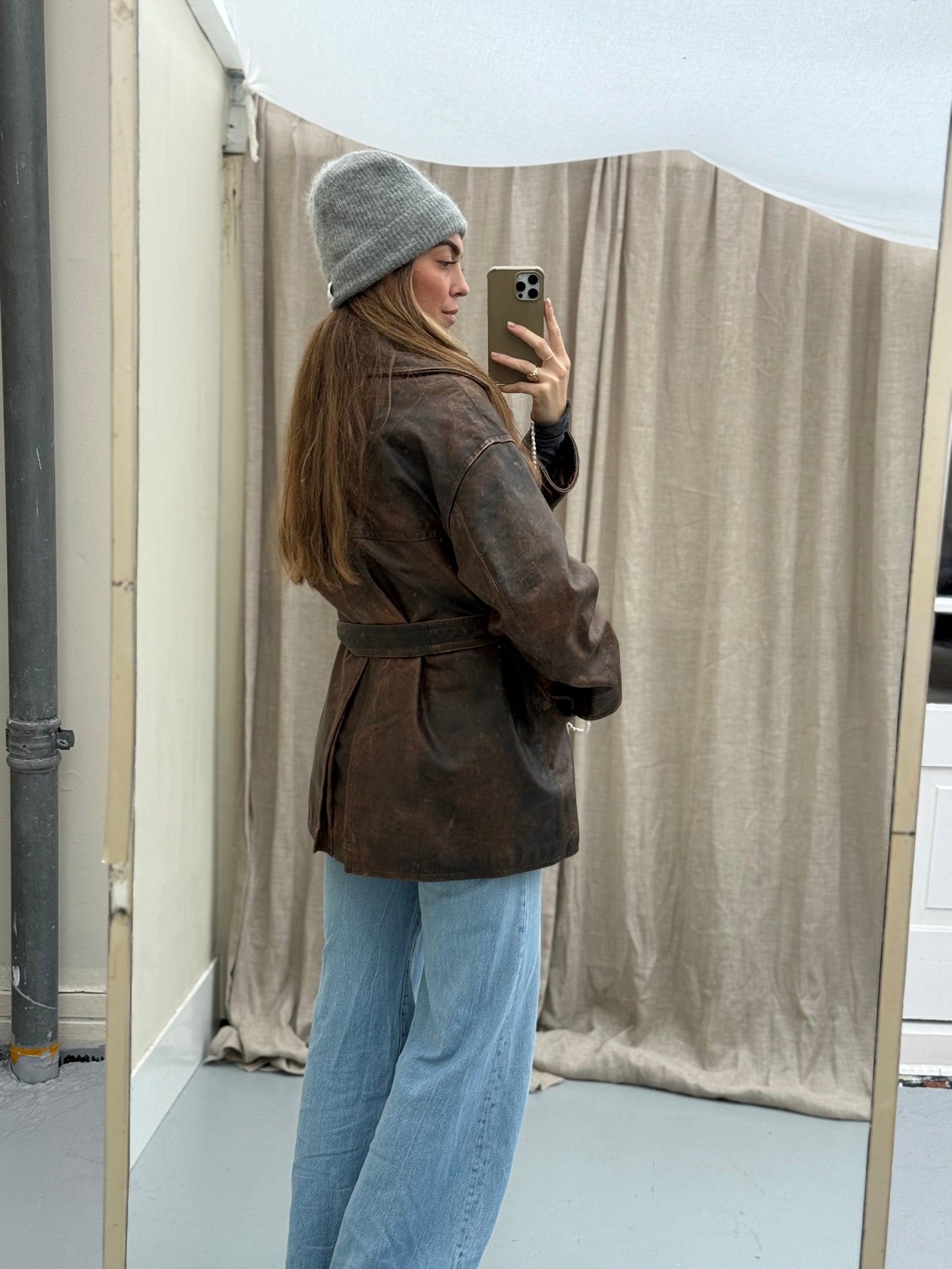 Vintage leren designer jas Jil Sander bruin Musthave Uniek