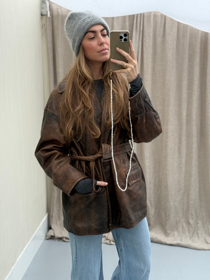 Vintage leren designer jas Jil Sander bruin Musthave Uniek