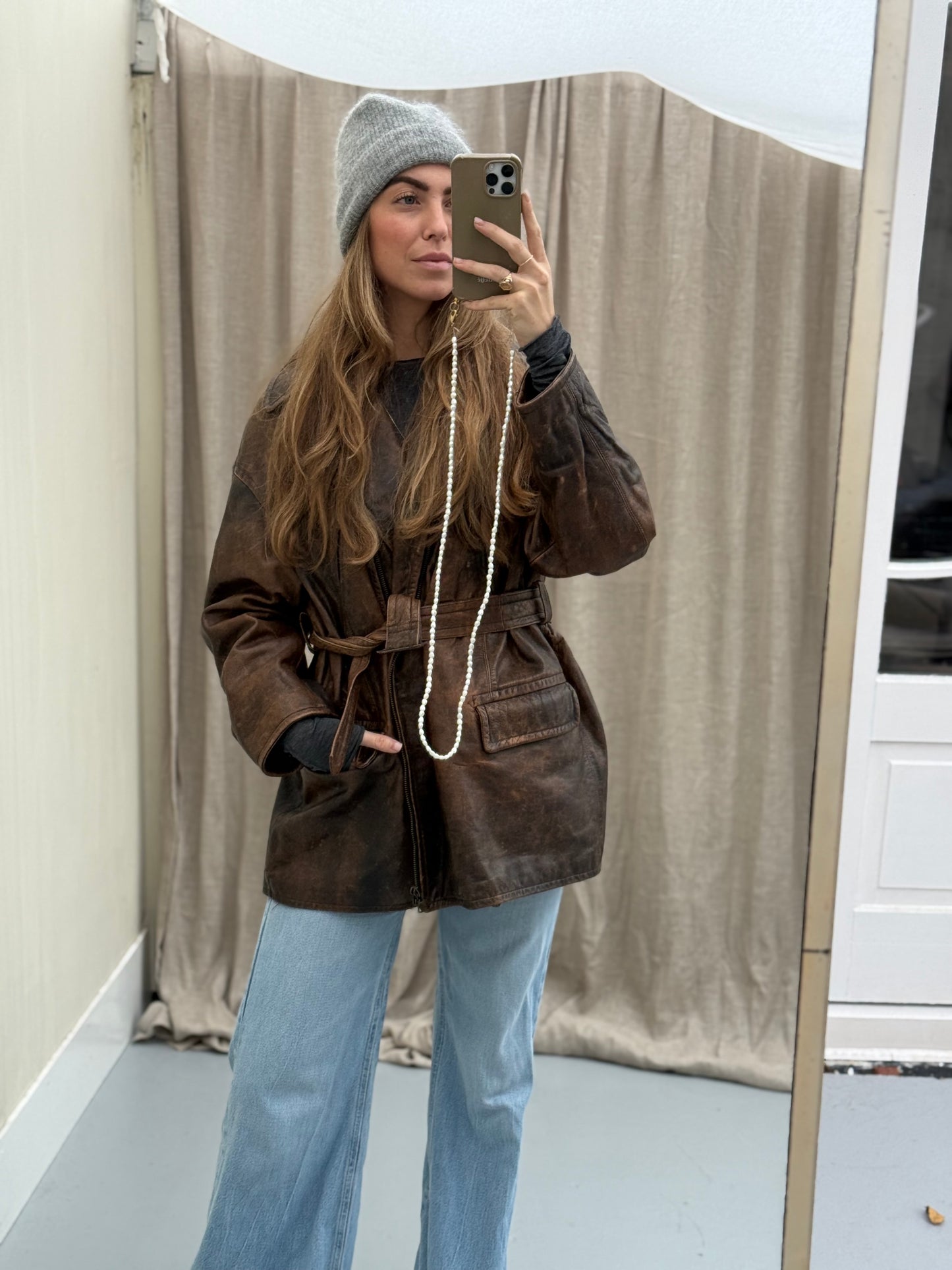 Vintage leren designer jas Jil Sander bruin Musthave Uniek