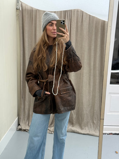 Vintage leren designer jas Jil Sander bruin Musthave Uniek