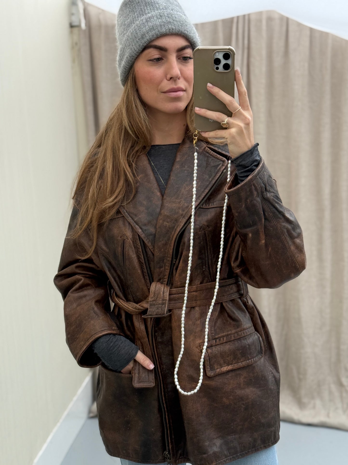 Vintage leren designer jas Jil Sander bruin Musthave Uniek