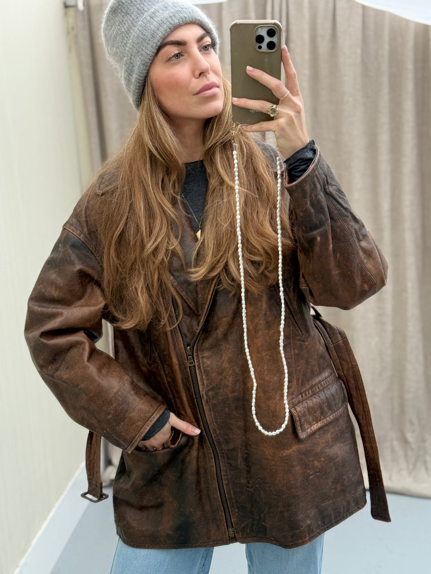 Vintage leren designer jas Jil Sander bruin Musthave Uniek