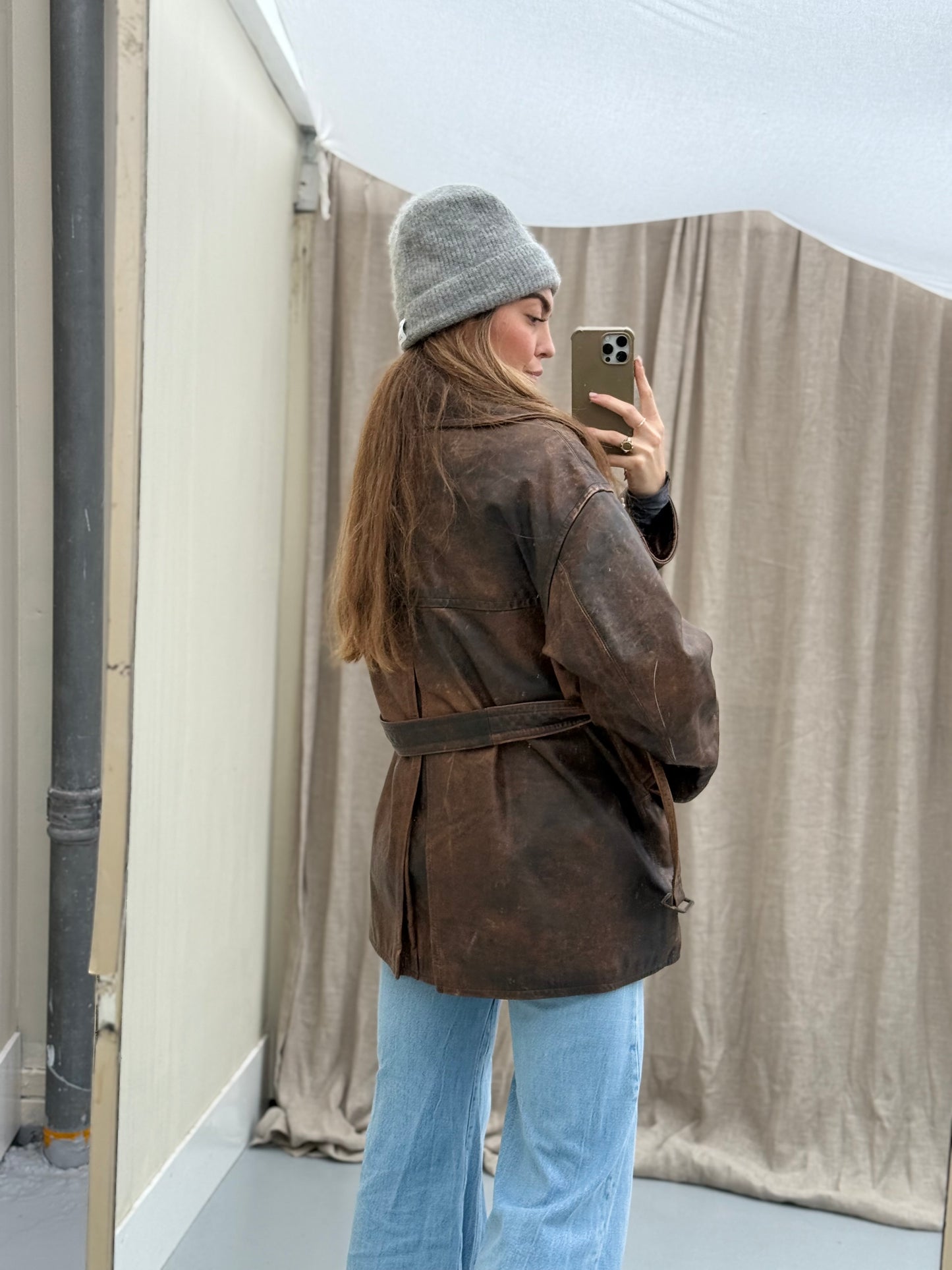 Vintage leren designer jas Jil Sander bruin Musthave Uniek