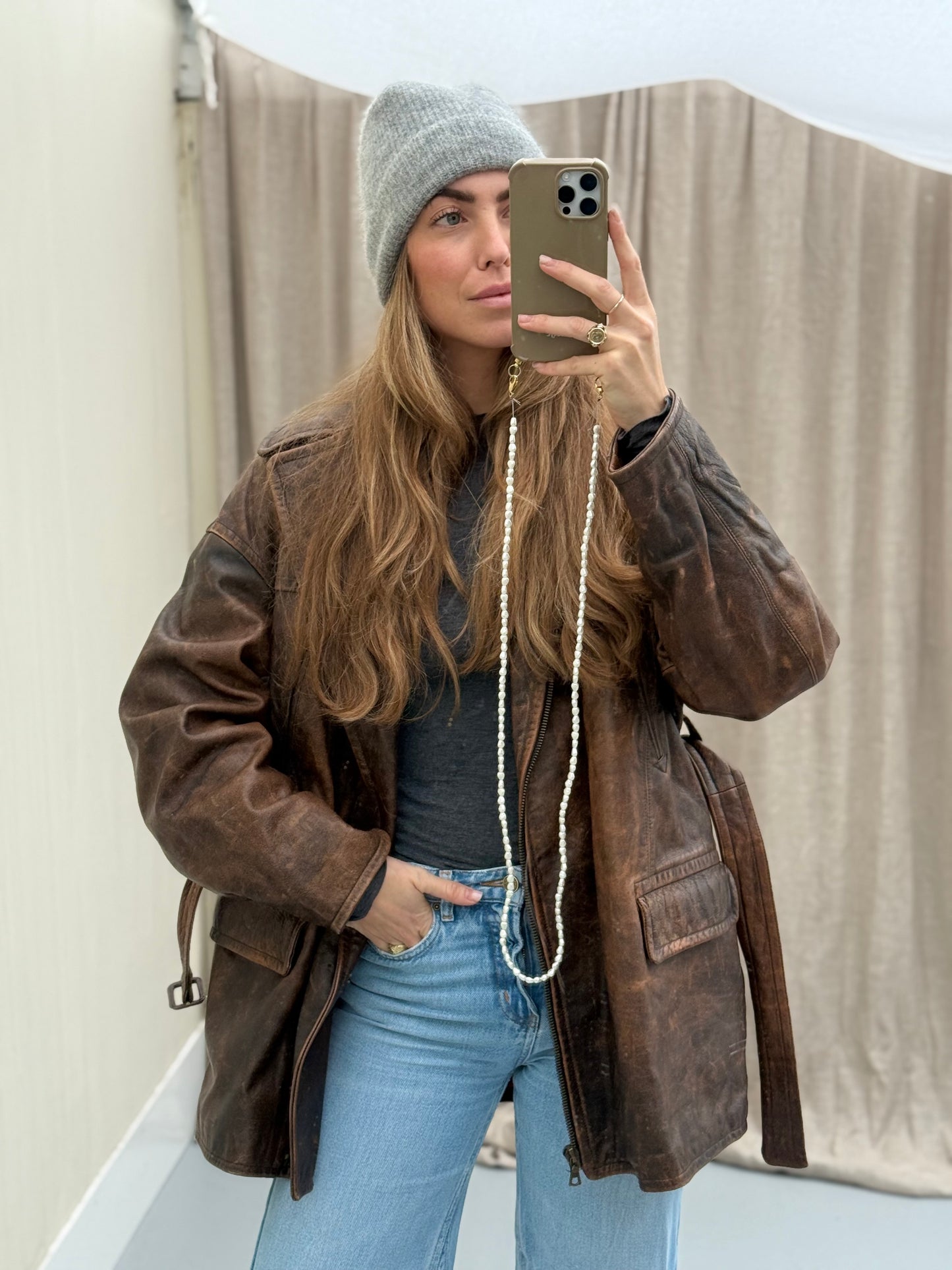 Vintage leren designer jas Jil Sander bruin Musthave Uniek