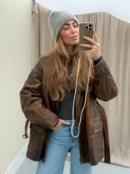 Vintage leren designer jas Jil Sander bruin Musthave Uniek