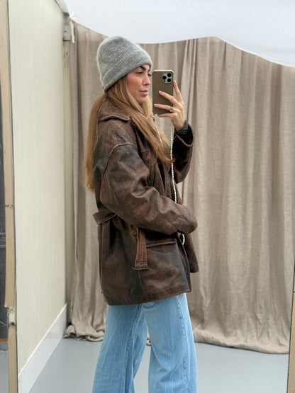 Vintage leren designer jas Jil Sander bruin Musthave Uniek