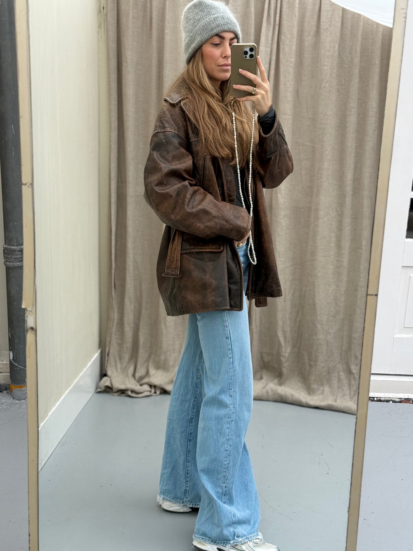 Vintage leren designer jas Jil Sander bruin Musthave Uniek