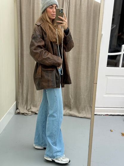 Vintage leren designer jas Jil Sander bruin Musthave Uniek