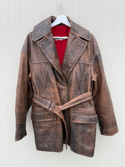 Vintage leren designer jas Jil Sander bruin Musthave Uniek
