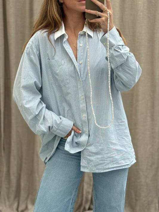 Vintage Designer Blouse YSL Yves saint laurent unisex XL/XXL blauw wit gestreept