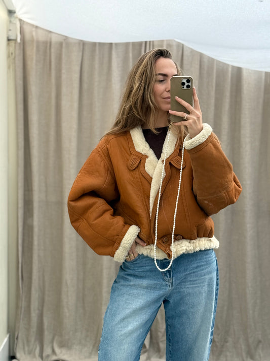 Cropped lammy coat fluffy reversible remade shearling maat M-XL Cognac