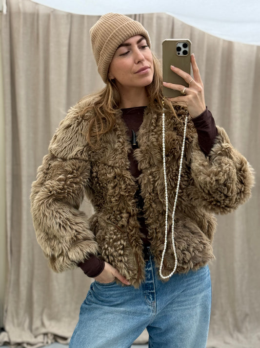 Cropped lammy coat fluffy taupe collar  maat S-L
