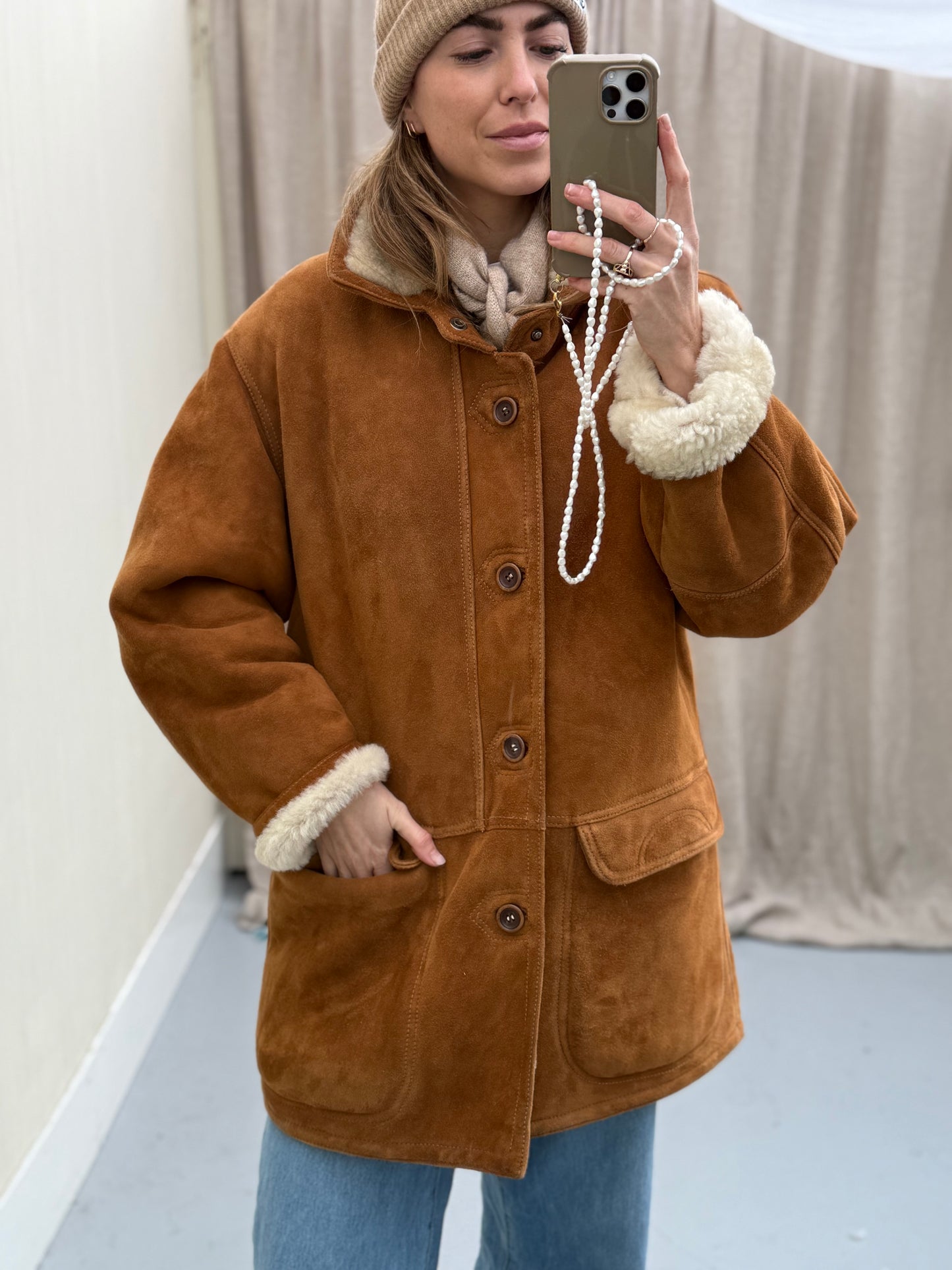 Vintage lammy coat cognac kleur long shearling