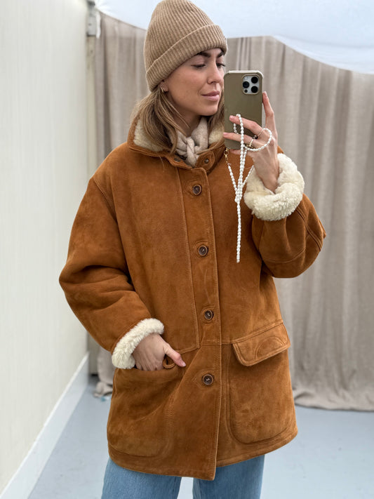 Vintage lammy coat cognac kleur long shearling