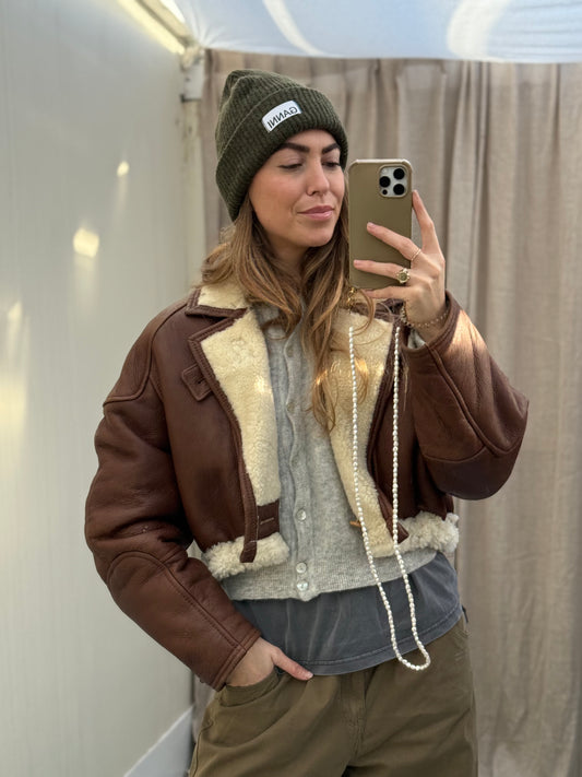 Cropped vintage lammy coat fluffy donkerbruin maat M-XL