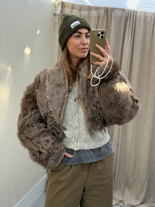 Cropped vintage lammy coat fluffy grijs beige maat S-L