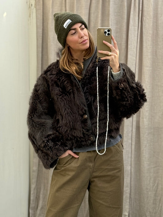 Cropped vintage lammy coat fluffy grijs antraciet maat M-XL