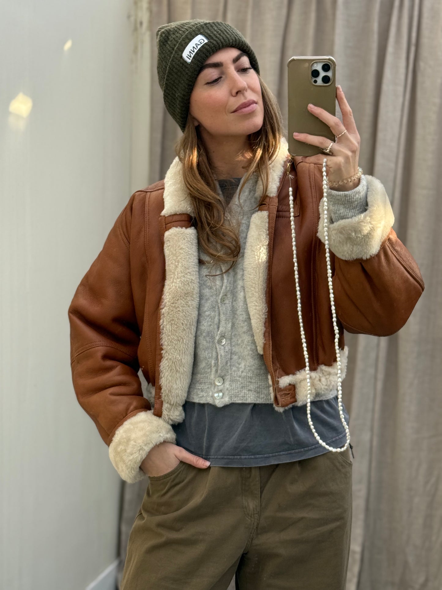 Vintage cropped reversible lammy coat cognac oversized S/M