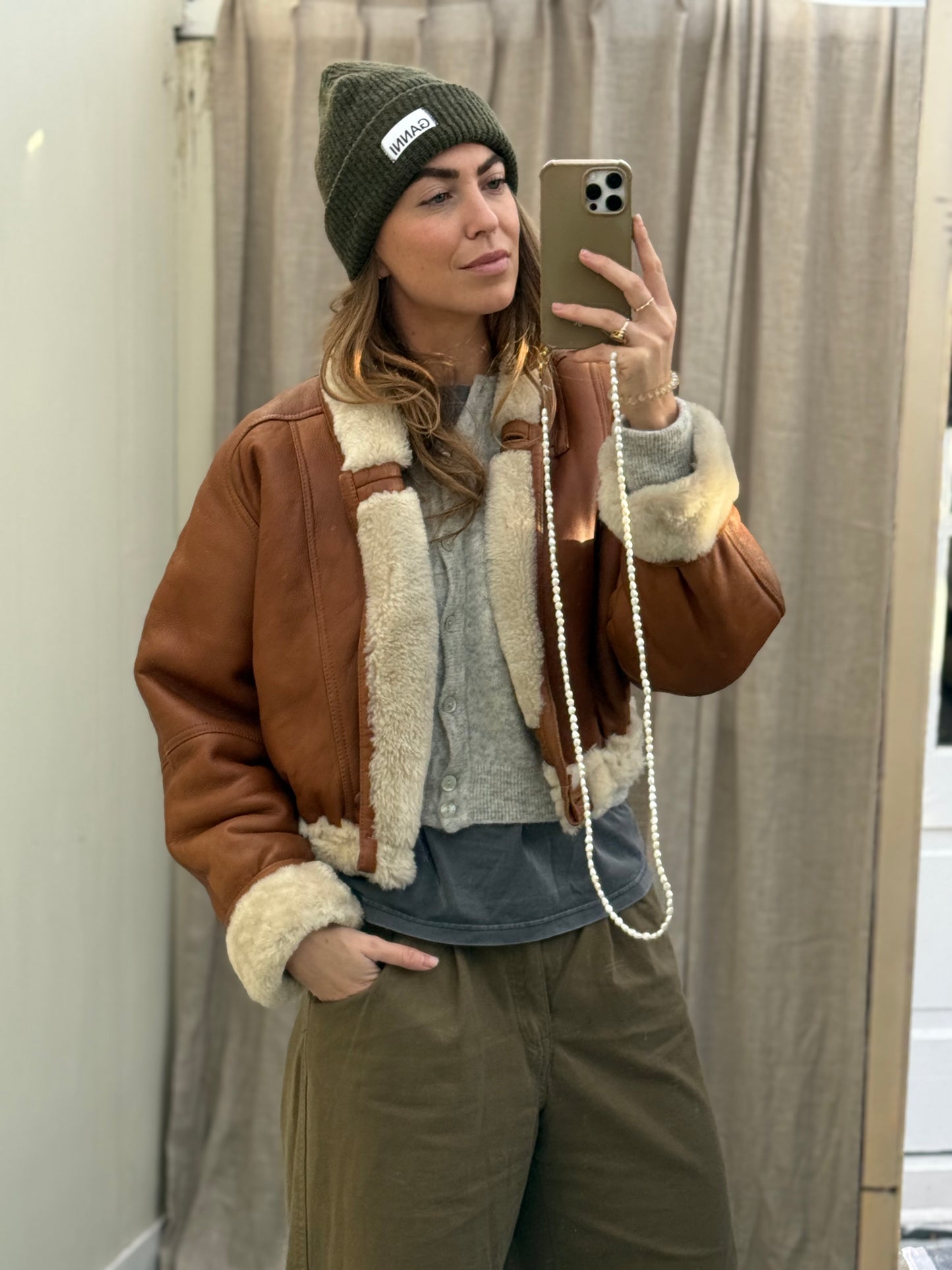 Vintage cropped reversible lammy coat cognac oversized S/M