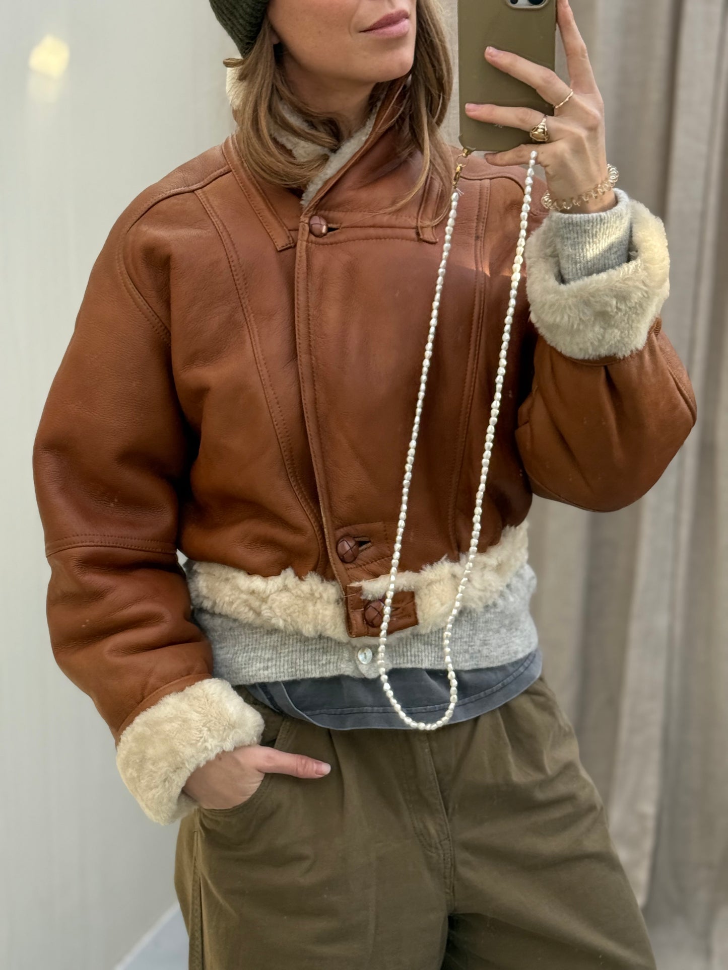 Vintage cropped reversible lammy coat cognac oversized S/M