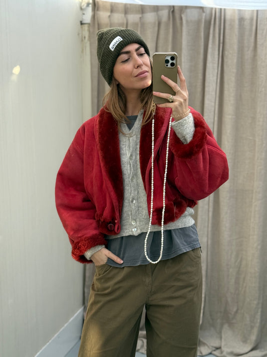 Cropped vintage lammy coat fluffy rood/roze maat S-L