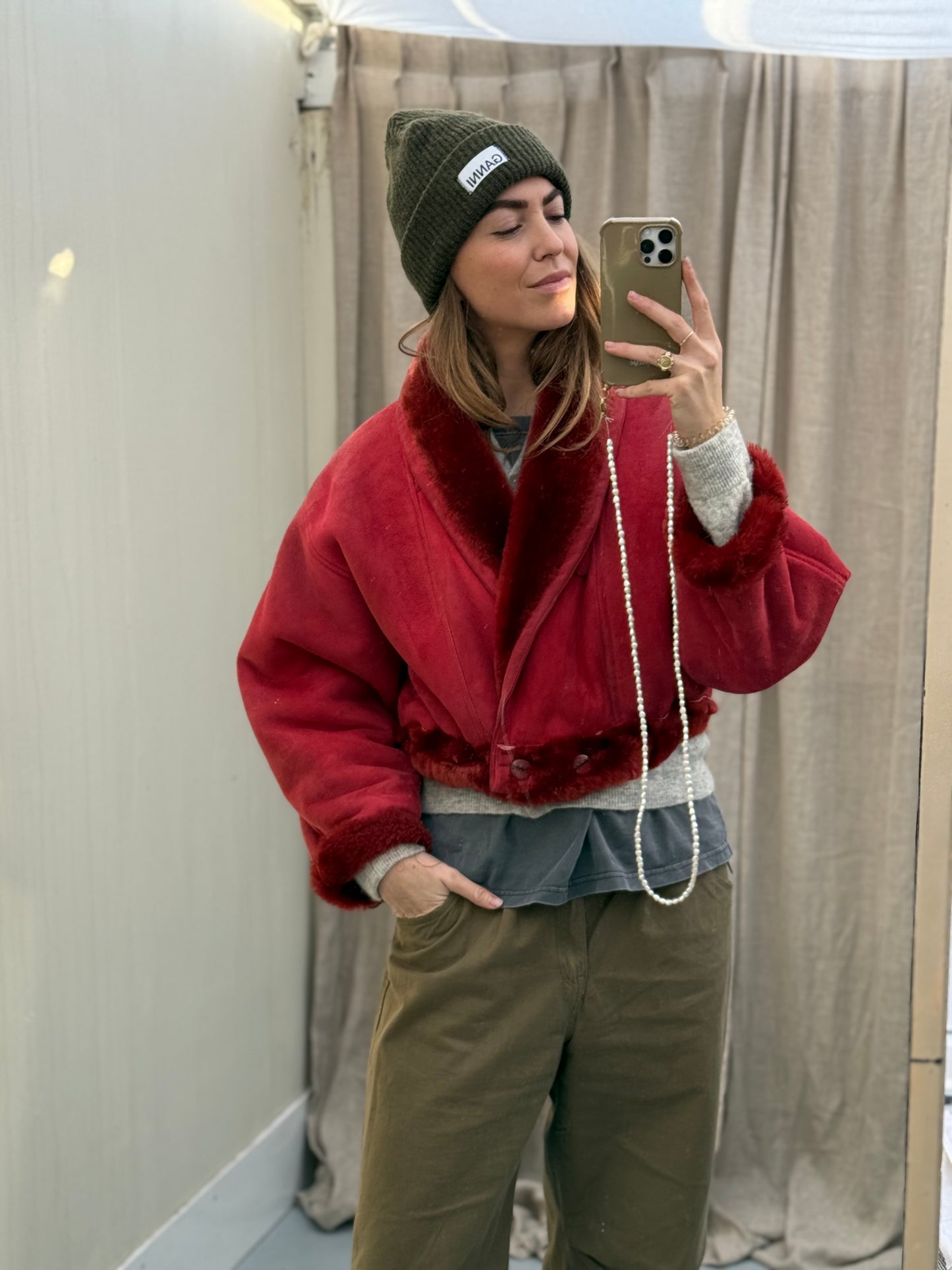Cropped vintage lammy coat fluffy rood/roze maat S-L