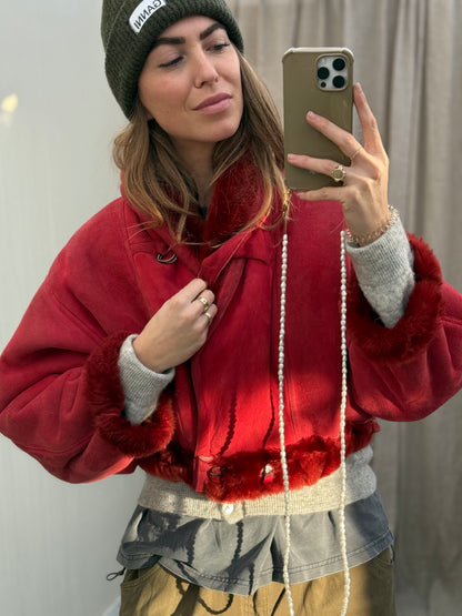 Cropped vintage lammy coat fluffy rood/roze maat S-L