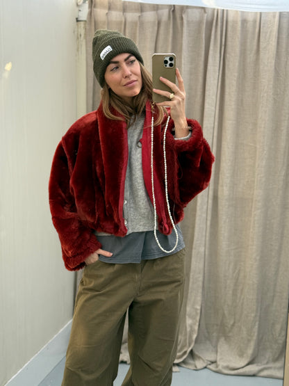 Cropped vintage lammy coat fluffy rood/roze maat S-L