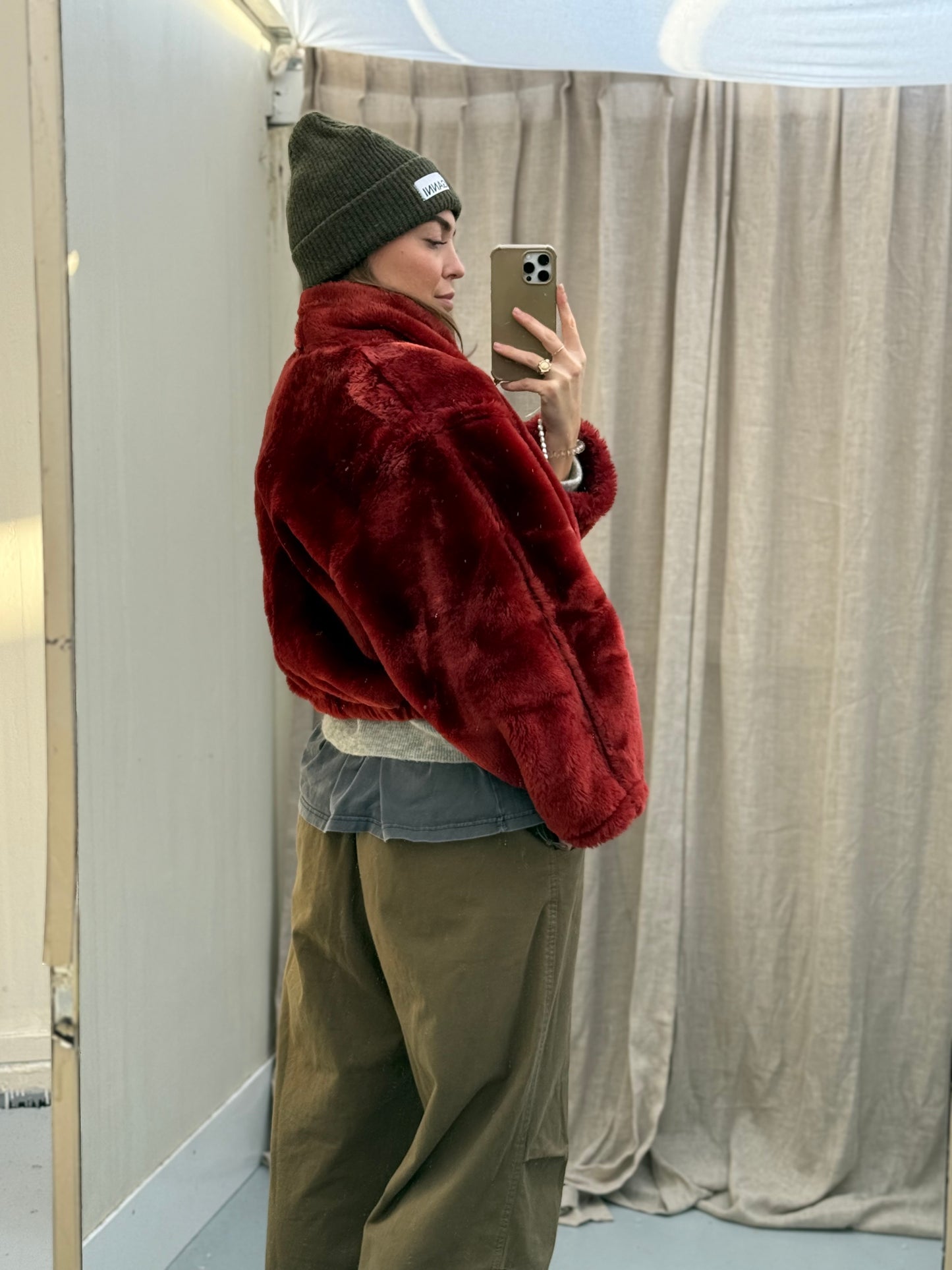 Cropped vintage lammy coat fluffy rood/roze maat S-L