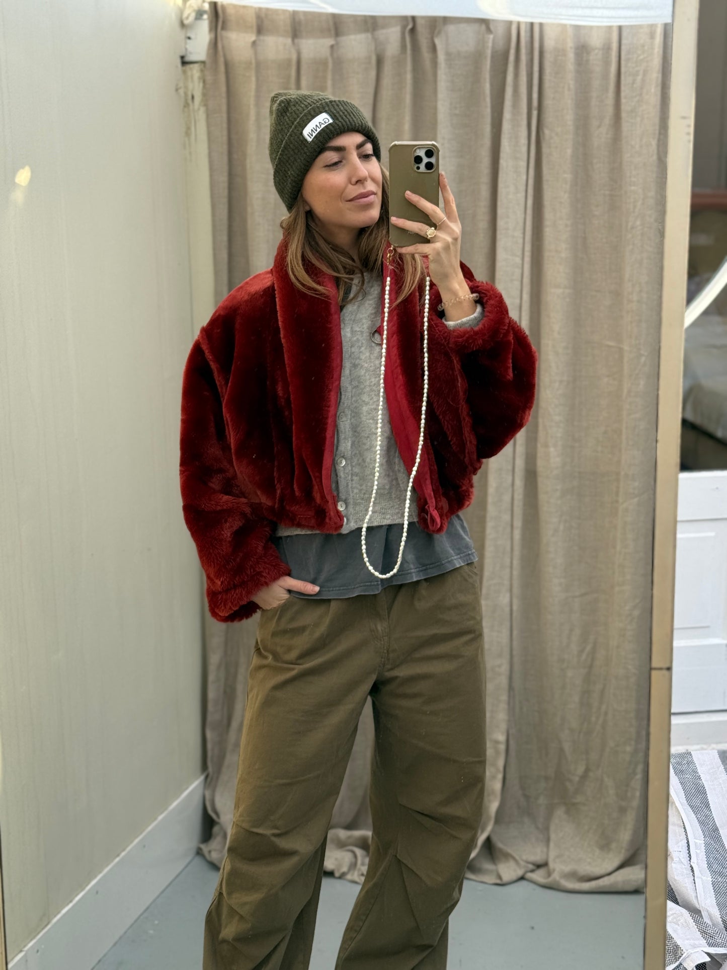 Cropped vintage lammy coat fluffy rood/roze maat S-L