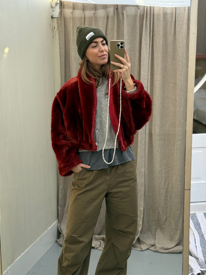 Cropped vintage lammy coat fluffy rood/roze maat S-L