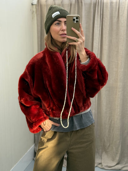 Cropped vintage lammy coat fluffy rood/roze maat S-L
