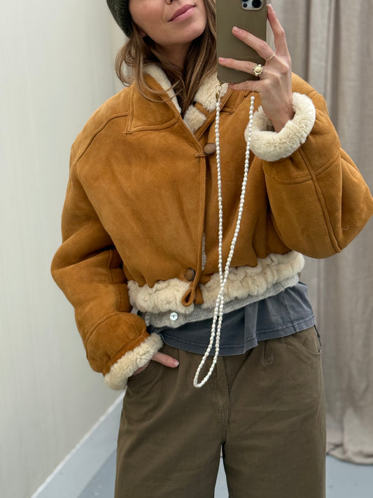 Cropped vintage lammy coat fluffy Beige bruin  maat M-XL