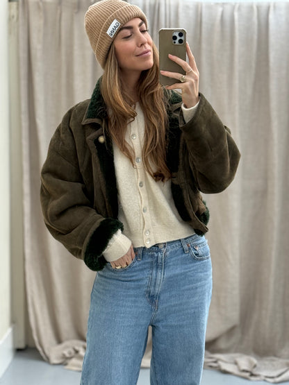 Vintage remade cropped lammy groen shearling m-xl