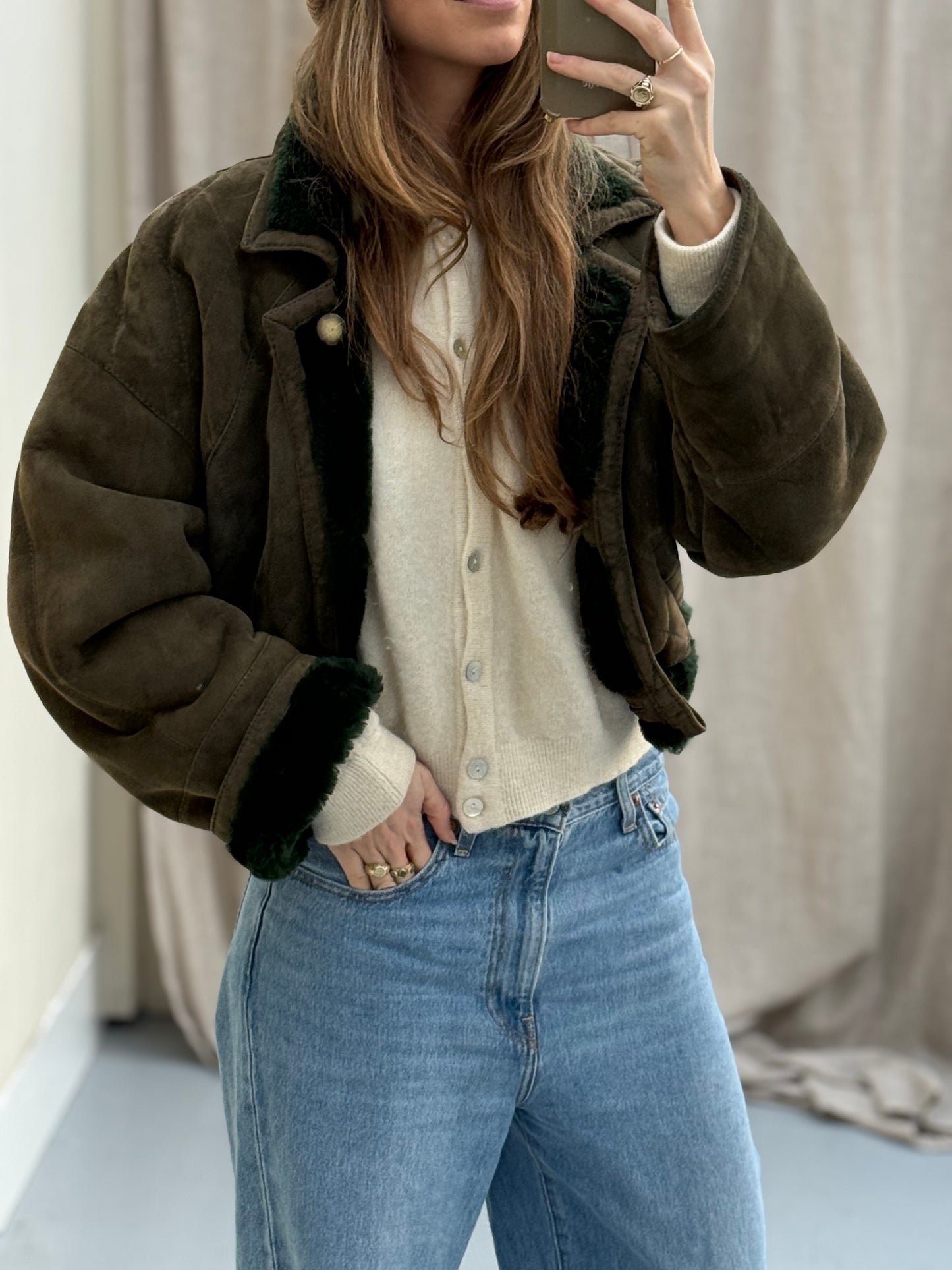 Vintage remade cropped lammy groen shearling m-xl