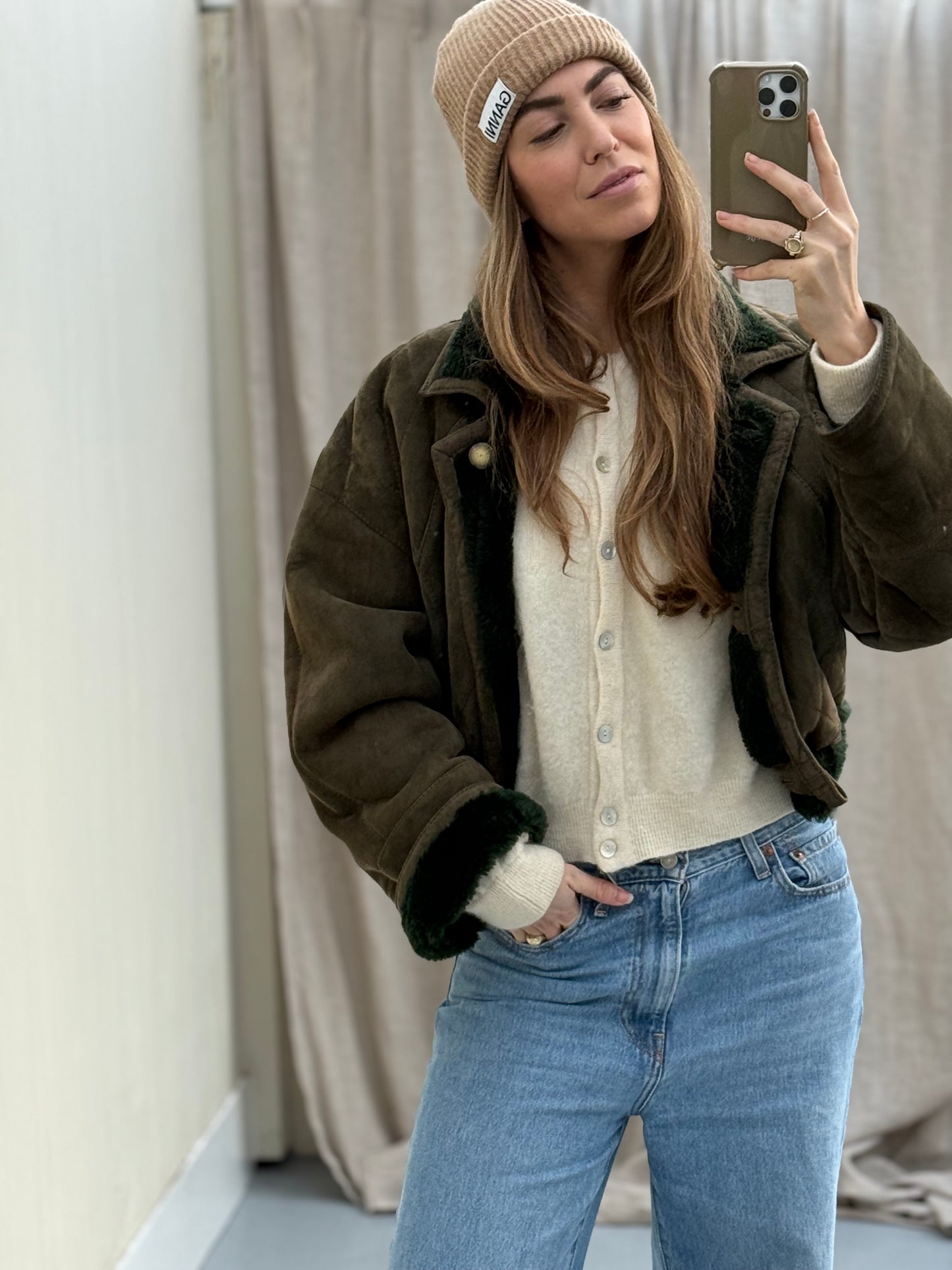 Vintage remade cropped lammy groen shearling m-xl