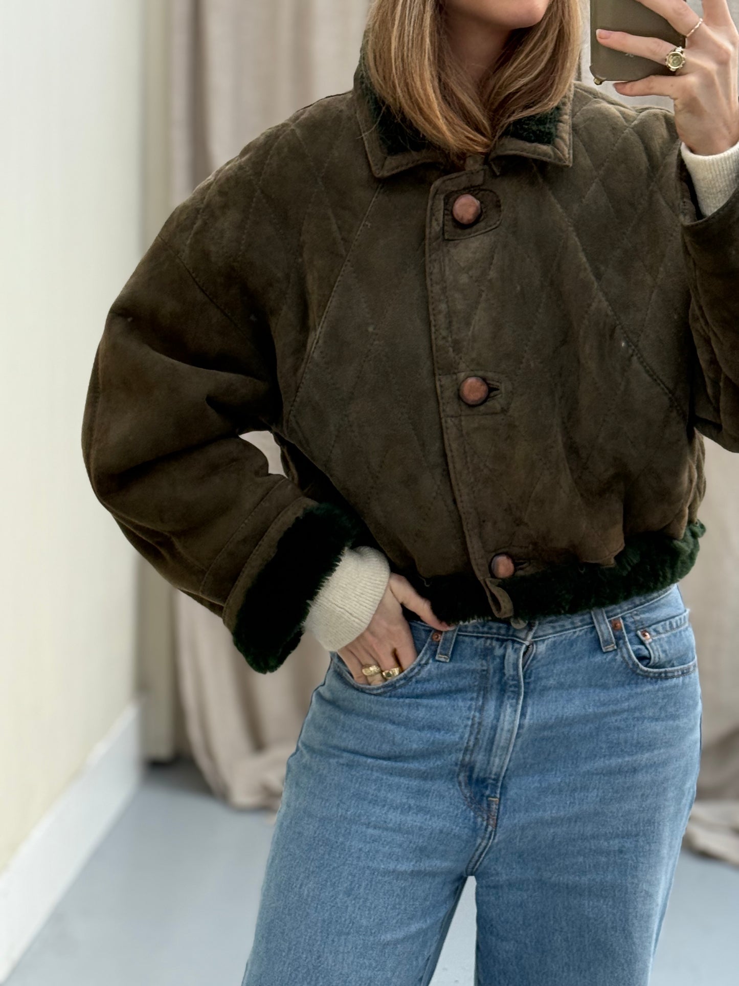 Vintage remade cropped lammy groen shearling m-xl