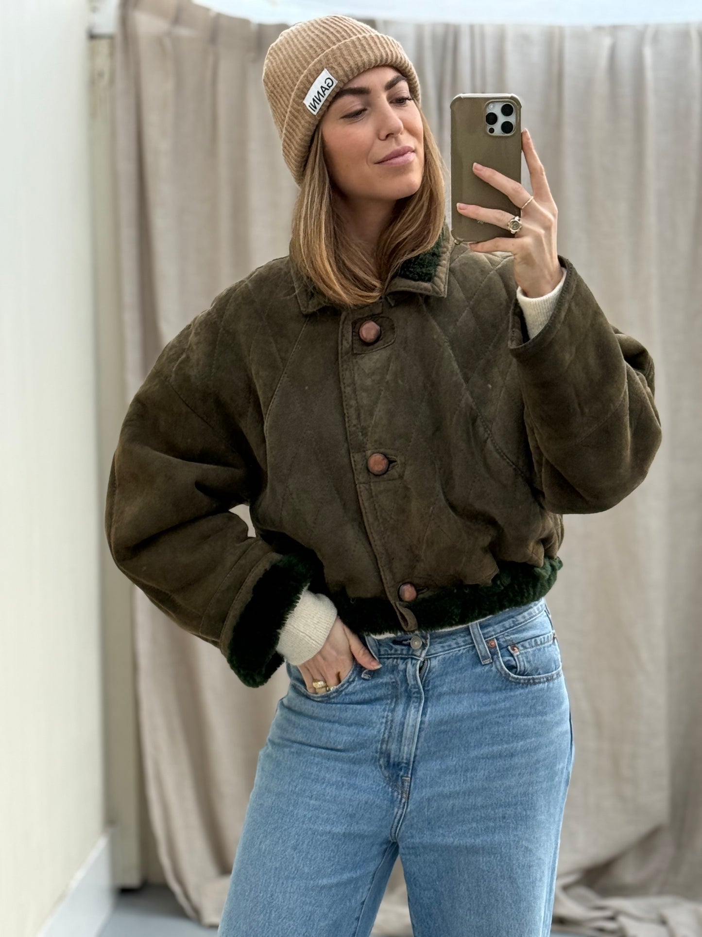 Vintage remade cropped lammy groen shearling m-xl