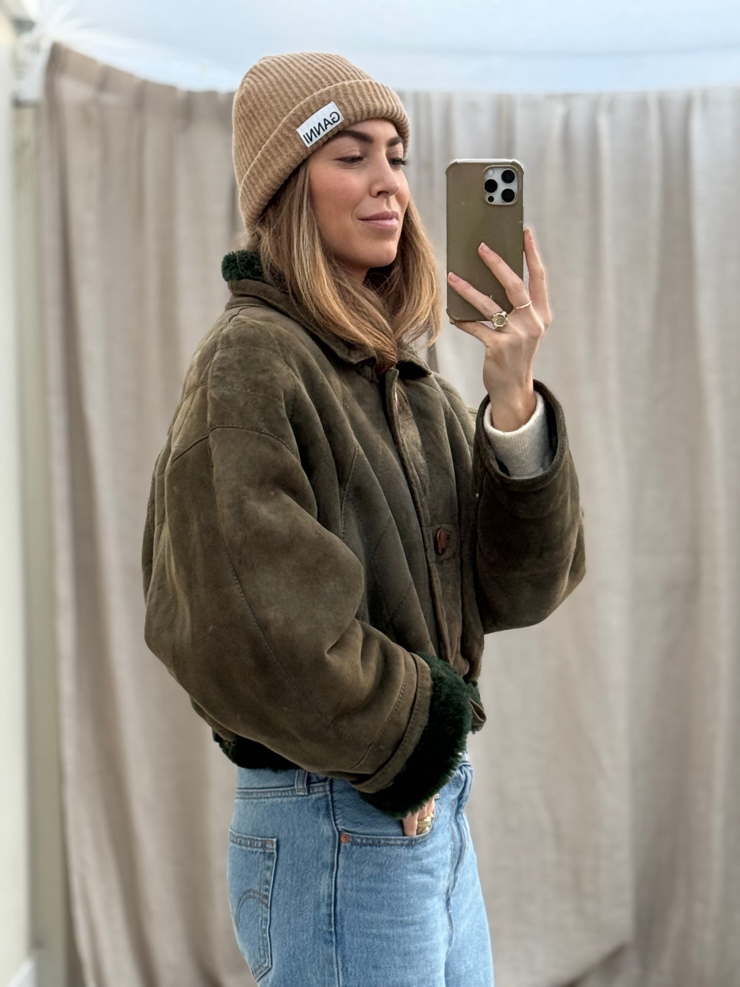 Vintage remade cropped lammy groen shearling m-xl