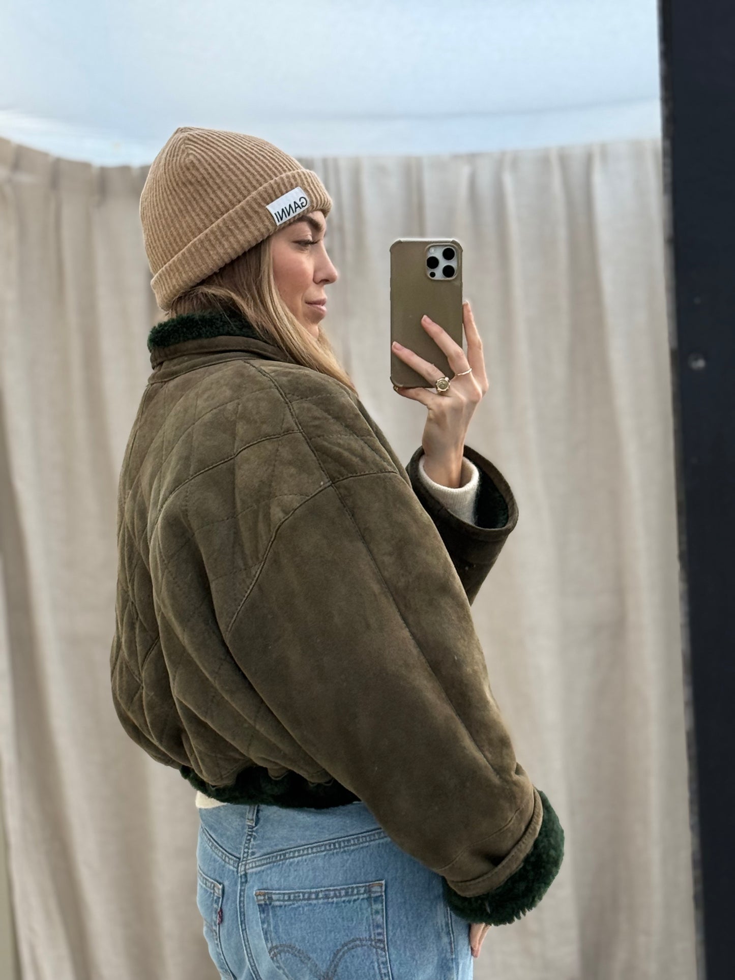 Vintage remade cropped lammy groen shearling m-xl