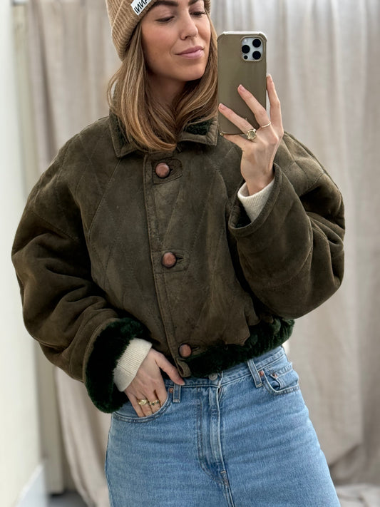 Vintage remade cropped lammy groen shearling m-xl