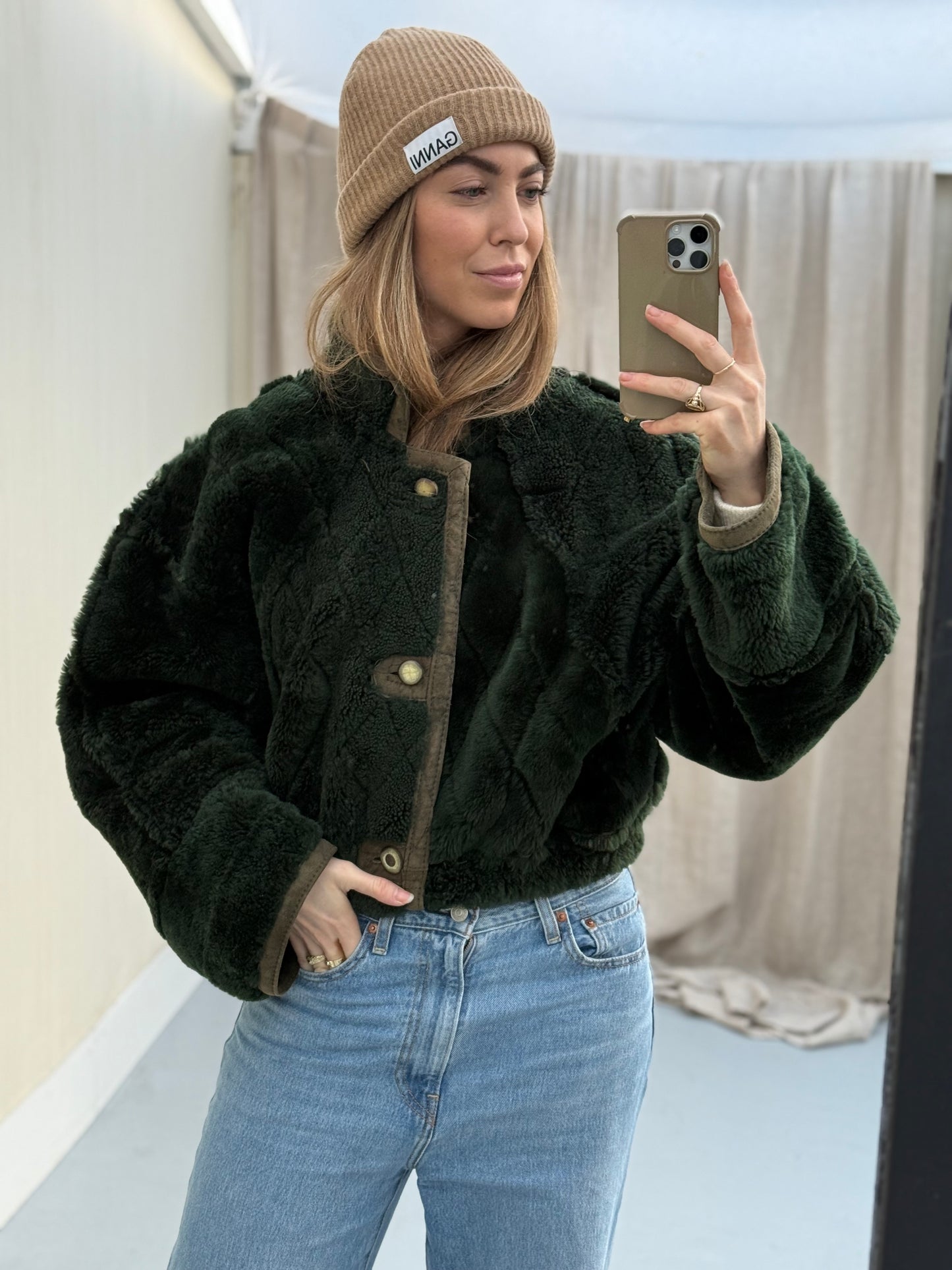 Vintage remade cropped lammy groen shearling m-xl