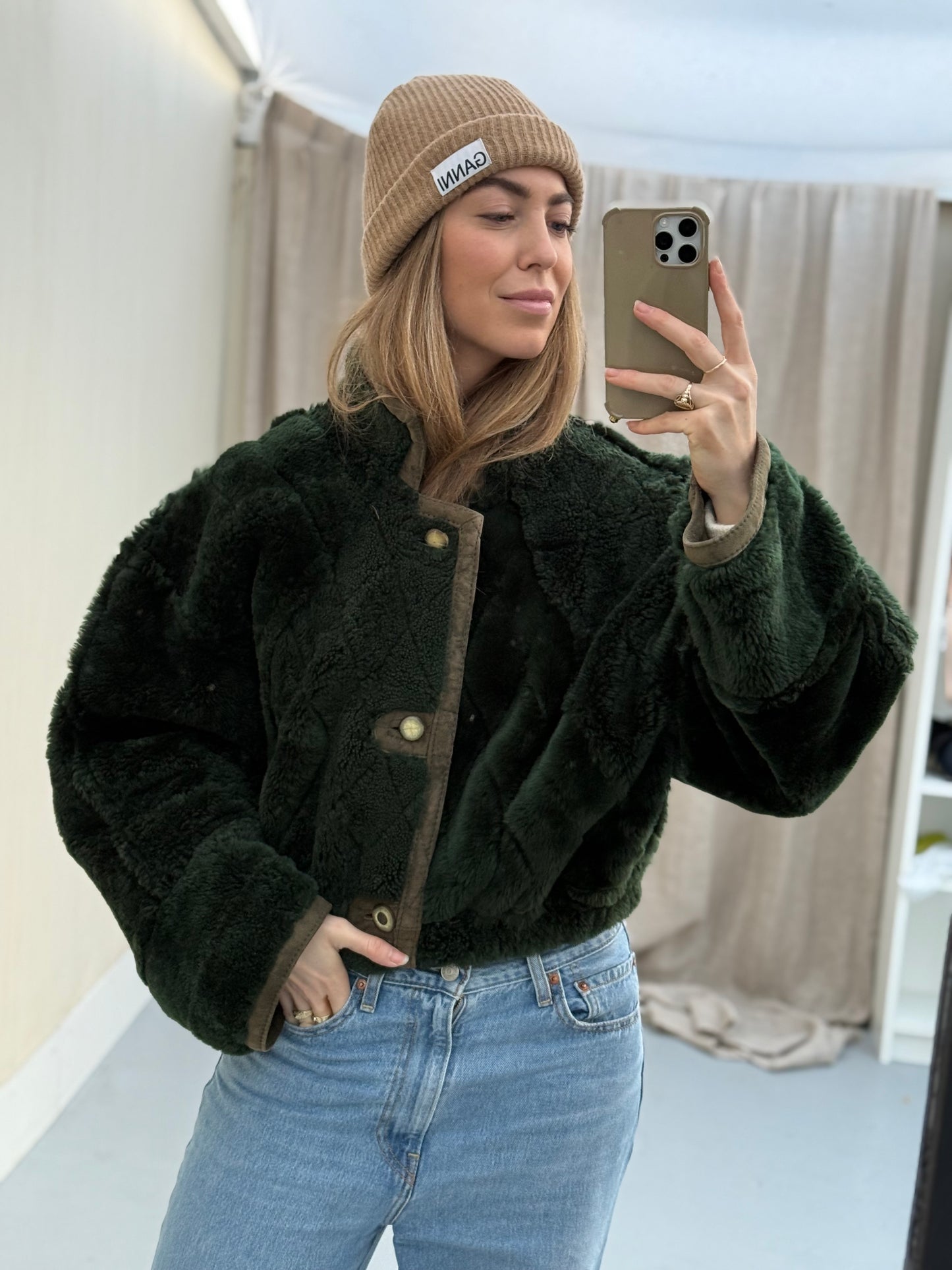 Vintage remade cropped lammy groen shearling m-xl