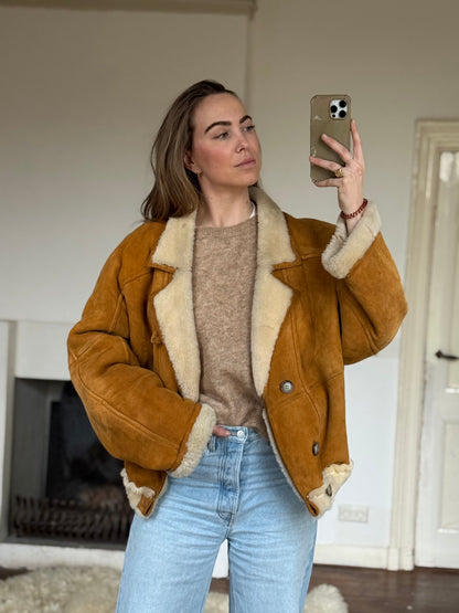 Vintage cropped lammy coat remade reversible bruin maat M-XXL